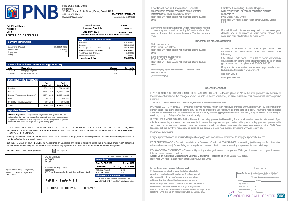 Download UAE Dubai PNB bank mortgage statement in Word and PDF formats Photoshop template